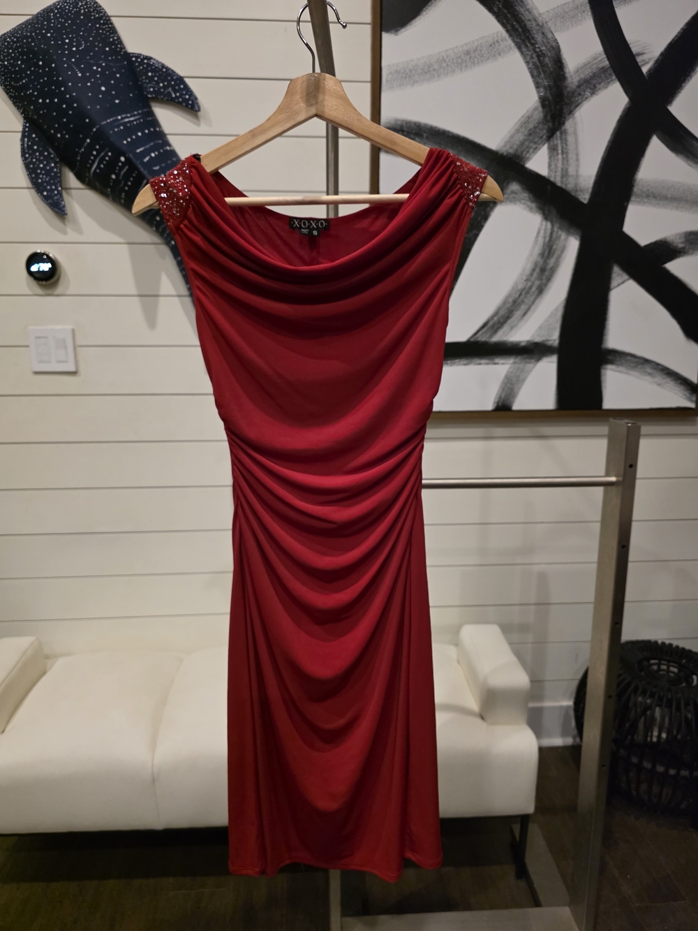 XOXO Red Cowl Neck Ruched Cocktail Dress